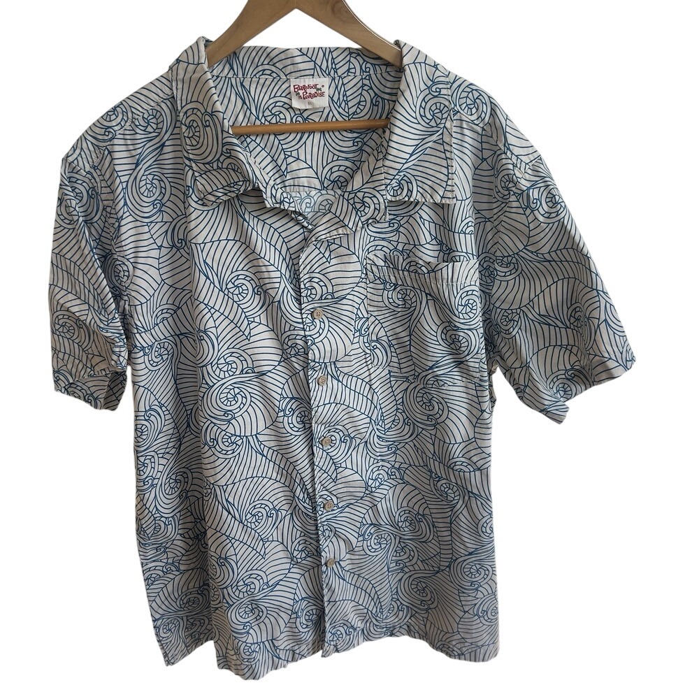 Barefoot In Paradise Hawaiian Shirt Blue Shells Mens Sz XL Beach Button Down Vtg